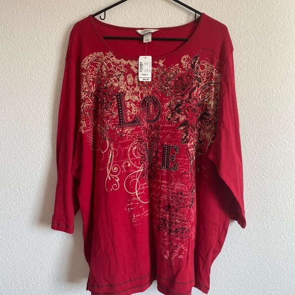 CJ Banks Red Size 3X 3/4 Sleeve Shirt 100% Cotton NWT - Picture 3 of 13